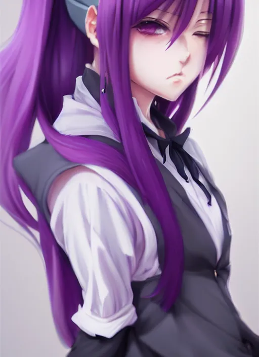 anime girl, hourglass slim body, purple hair;