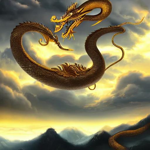 Prompt: a landscape painting of a golden serpent dragon winding through the air in a mountain range, chinese dragon, intimidating clouds, ultrawide angle, depth of field, in a luminist style, 4 k, artstation