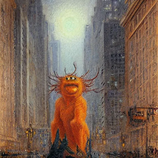 Image similar to monumental hyperrealism, post - impressionism by gaston bussiere. a beautiful drawing of a large, orange monster looming over a cityscape. the monster has several eyes & mouths, & its body is covered in spikes. it seems to be coming towards the viewer, who is looking up at it in fear.