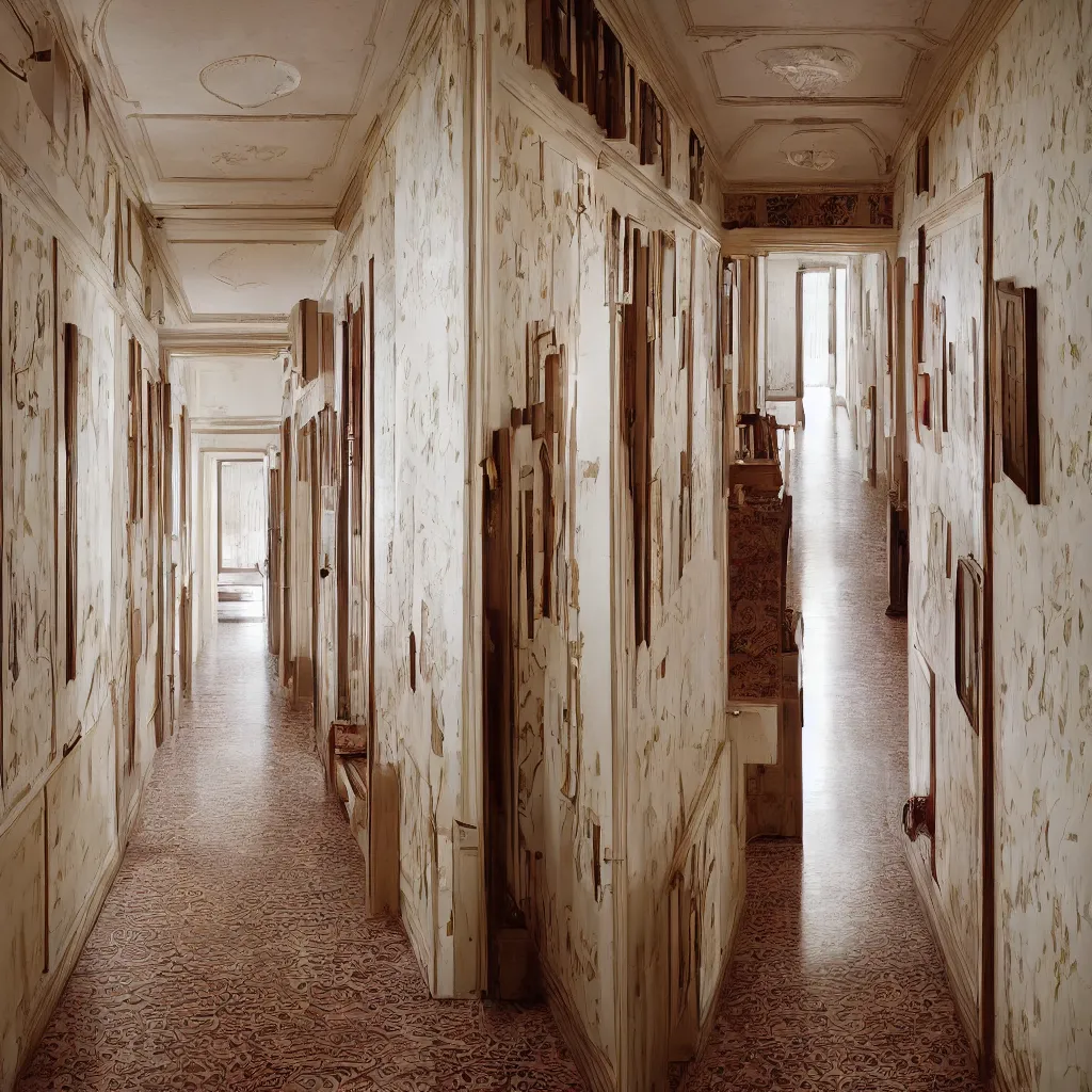 Image similar to photograph of a hallway in the style of Wes Anderson, architecture magazine, dezeen, 50mm, pentax, film