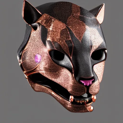 Prompt: panther with rose gold teeth and raw gems inlaid head, 3 / 4 pose, anatomical description, technically exposed, matte black, rose gold, amethyst, high coloration, ambient lightning, highly detailed, 8 k