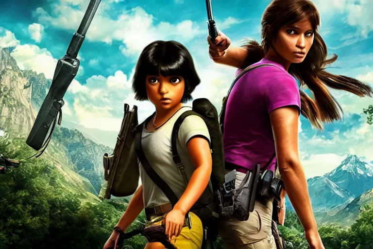 Image similar to Dora the Explorer vs Lara Croft, film by Michael Bay