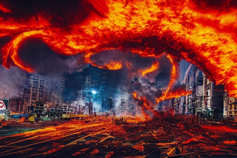 Image similar to destructive fire tornado in the city, photorealistic, highly detailed, sharp focus, vivid, colorful, symmetrical, random, convoluted, mind - blowing, creative, fully functional, end of the world, physics defying, amazing, loud