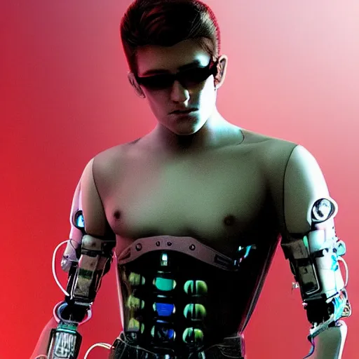 Image similar to a handsome hunky young rebellious man with some subtle cybernetic enhancements