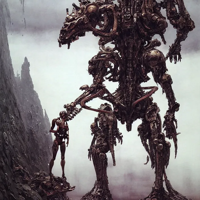 Prompt: still frame from Prometheus by Jakub Rozalski and utagawa kuniyoshi, infinite Hell Scape with gigantic mecha demon and ornate bone cyborgs by Wayne Barlowe by peter Mohrbacher by Giger, dressed by Alexander McQueen and by Neri Oxman, metal couture hate couture editorial