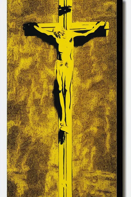 Image similar to bloody jesus christ crucified, yellow sky painted by andy warhol and cy twombly