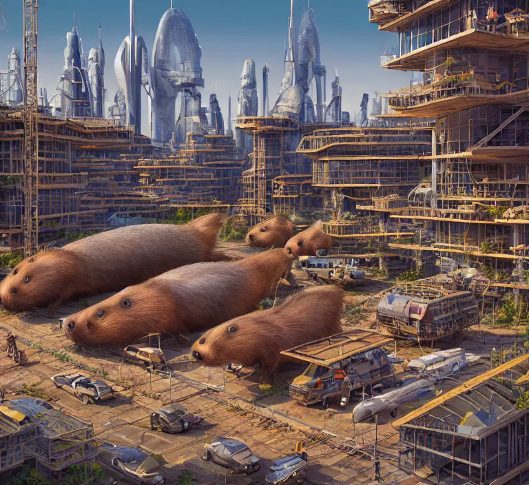 Prompt: hyperrealism photography hyperrealism concept art of highly detailed beavers builders that building highly detailed futuristic sci - fi city by wes anderson and hasui kawase and scott listfield sci - fi style hyperrealism rendered in blender and octane render volumetric natural light