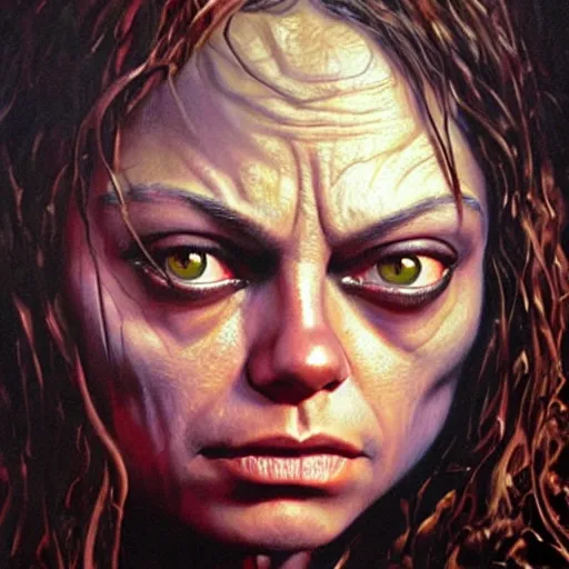 Image similar to detailed portrait of mila kunis as gollum from lord of the rings intricate, hyper detailed, realistic, oil painting, by julie bell, frank frazetta, cinematic lighting