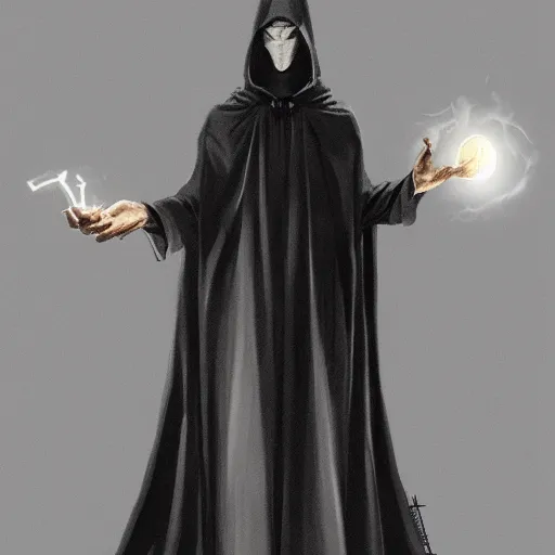 Prompt: a man wearing a long black cloak, shadowy hood covering face, holding a glowing orb, grandiose style, trending on artstation