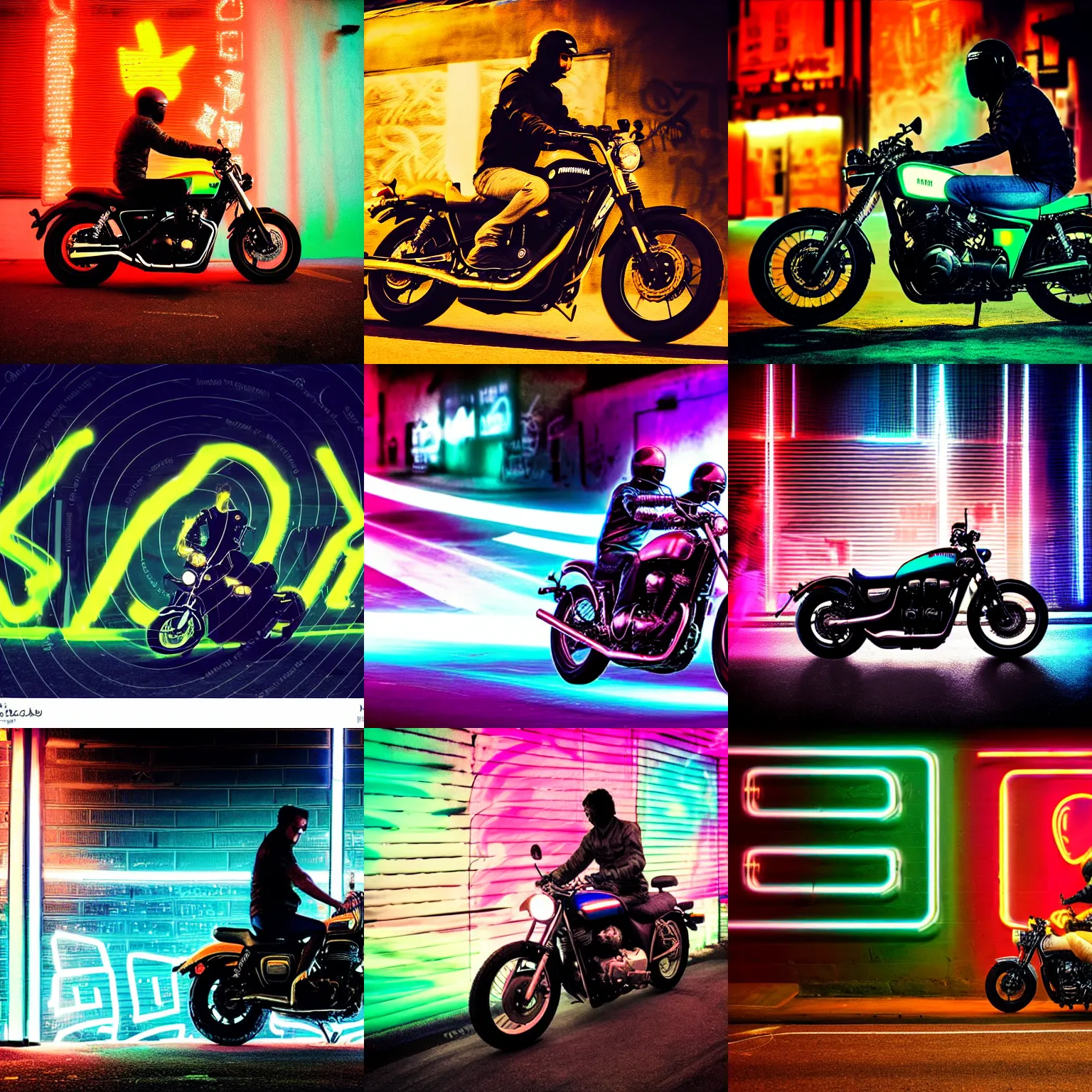 Prompt: grainy album cover of a man riding a Yamaha XV950/R in front of neon glowing graffiti at night, dual tone lighting, motion blur, chromatic aberration, atmospheric