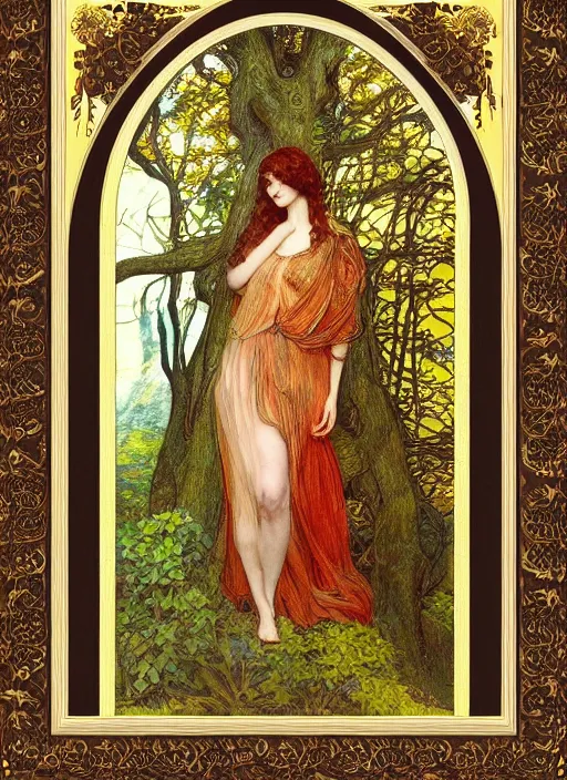 Image similar to masterpiece beautiful seductive flowing curves pose preraphaelite portrait photography, straight bangs, yellow ochre ornate medieval dress, mushroom forest arch, william morris and kilian eng and mucha, framed, 4 k