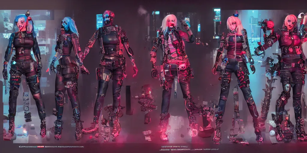 Image similar to cyberpunk harley quinn, character sheet, concept design, contrast, hot toys, kim jung gi, greg rutkowski, zabrocki, karlkka, jayison devadas, trending on artstation, 8 k, ultra wide angle, pincushion lens effect