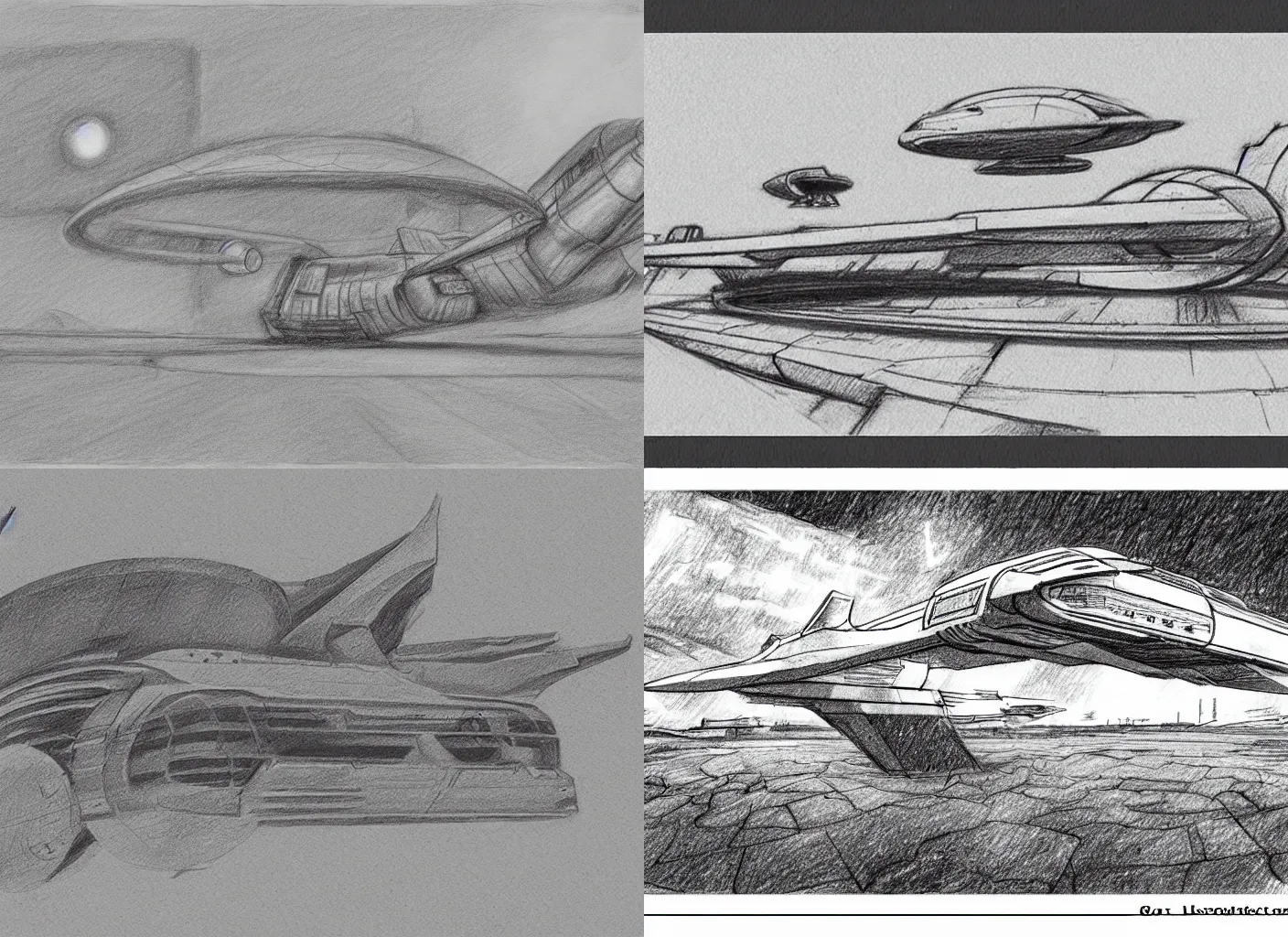 Prompt: pencil sketch of a retro dystopian starship landing on the ground