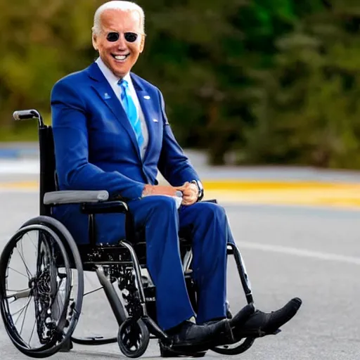 Image similar to still image of joe biden sitting in a wheelchair that has a rocket booster attached to the back, turbo boosted wheelchair, 8 k photo