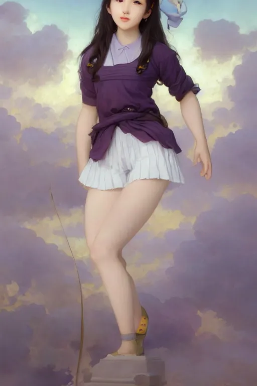 Prompt: Portrait of Eunha from Viviz and gFriend with short hair wearin purple overall shorts, short puffy pants, white tights, Golden Ribbon, and a billowy scarf. masterpiece 4k digital illustration by Ruan Jia and Mandy Jurgens and Artgerm and greg rutkowski and Alexander Tsaruk and WLOP and william-adolphe bouguereau, award winning, Artstation, art nouveau aesthetic, Alphonse Mucha background, intricate details, realistic, panoramic view, Hyperdetailed, 8k resolution, intricate art nouveau