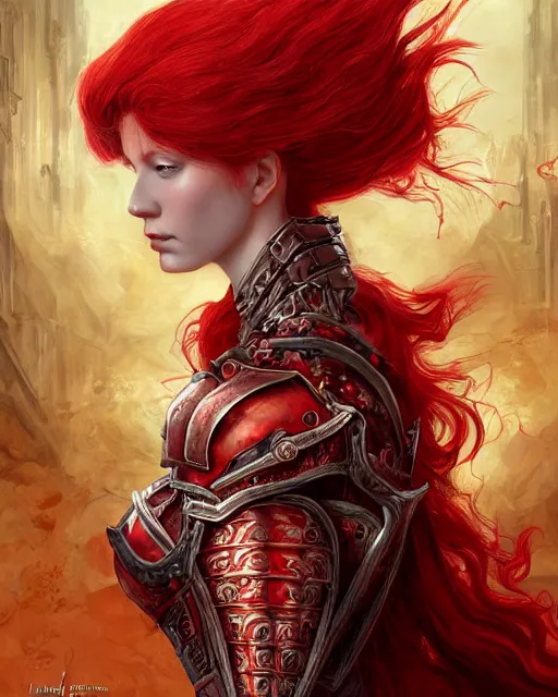 Image similar to redhead queen knight in heavy red armor, inside grand hall in castle with rococo aesthetic, crown of roses, scarred face, elden ring, intimidating, high fantasy, intricate detail, digital painting, artstation, concept art, smooth, sharp focus, illustration, art by yoshitaka amano and monia merlo and wlop and artgerm