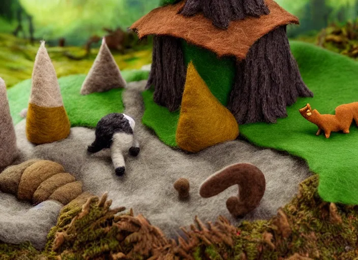 Image similar to high - res photograph of a felt sculpture diorama with cute fluffy forest critters, highly detailed sculpey diorama, forest setting, waterfall backdrop, realistic materials, wood, felt, cloth, burlap, smooth, sharp foccus, commercial product photography,