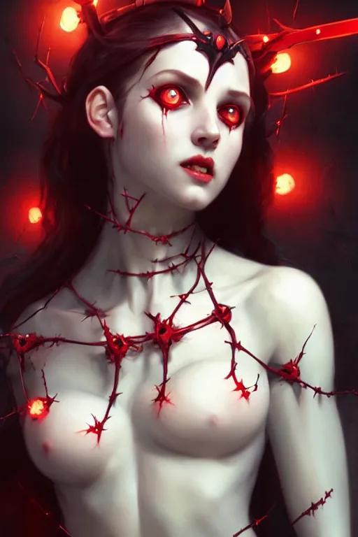 Image similar to Portrait of beautiful pale laughing cyborg succubus maiden with crown of thorns and glowing red eyes, Warhammer 40000, digital art from artstation by Ruan Jia and Mandy Jurgens and Artgerm and william-adolphe bouguereau