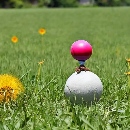 Prompt: a bowling ball balancing on top of a dandelion, award - winning photo