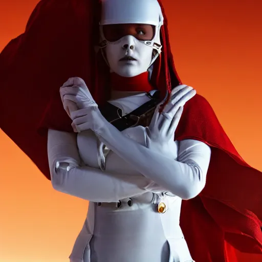 Image similar to a young female soldier wearing bloodstained glossy sleek white dinged scuffed armor and a long torn red cape, heroic posture, determined expression, elegant, no helmet, on the surface of mars, dramatic lighting, cinematic, sci-fi, hyperrealistic, detailed