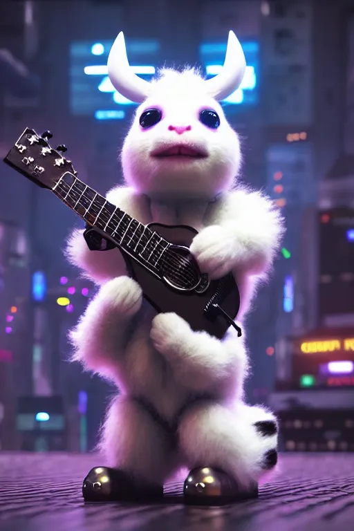 Image similar to high quality 3 d render very cute fluffy! cyborg cow plays guitar, cyberpunk highly detailed, unreal engine cinematic smooth, in the style of blade runner & detective pikachu, hannah yata charlie immer, moody light, low angle, uhd 8 k, sharp focus