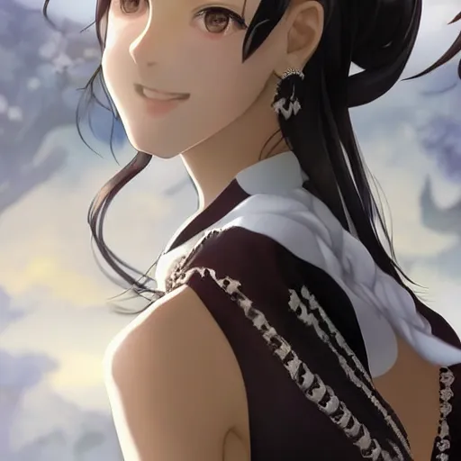 Image similar to luxury advertisement, astonishing portrait of a very beautiful anime high-school girl with black hair ponytail, white ribbon, full perfect face, realistic, highly detailed background, artstation, 120 degree view, drawn by Sasoura, Satchely and Akihiko Yoshida, no distortion