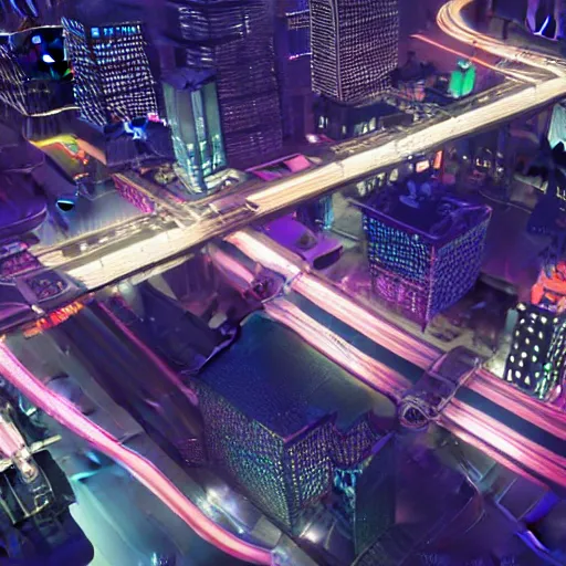 Image similar to isometric nighttime cityscape shot from helicopter from wipeout playstation racing game detailed photorealistic 4 k