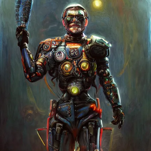 Prompt: A cyborg Robin Williams as the ultimate tyrant emperor of the universe. Realistic sci-fi cyberpunk concept. Trending on ArtStation. A vibrant digital oil painting. A highly detailed fantasy character illustration by Wayne Reynolds and Charles Monet and Gustave Dore and Carl Critchlow and Bram Sels