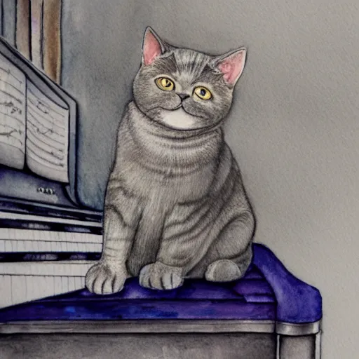 Prompt: grey british shorthair cat sitting on piano keys with musical notes in the background ultra detailed watercolor and color pencil painting 4 k