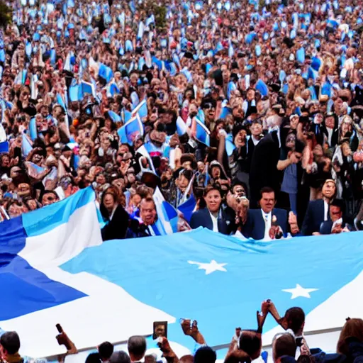 Image similar to Lady Gaga as president, Argentina presidential rally, Argentine flags behind, bokeh, giving a speech, detailed face, Argentina