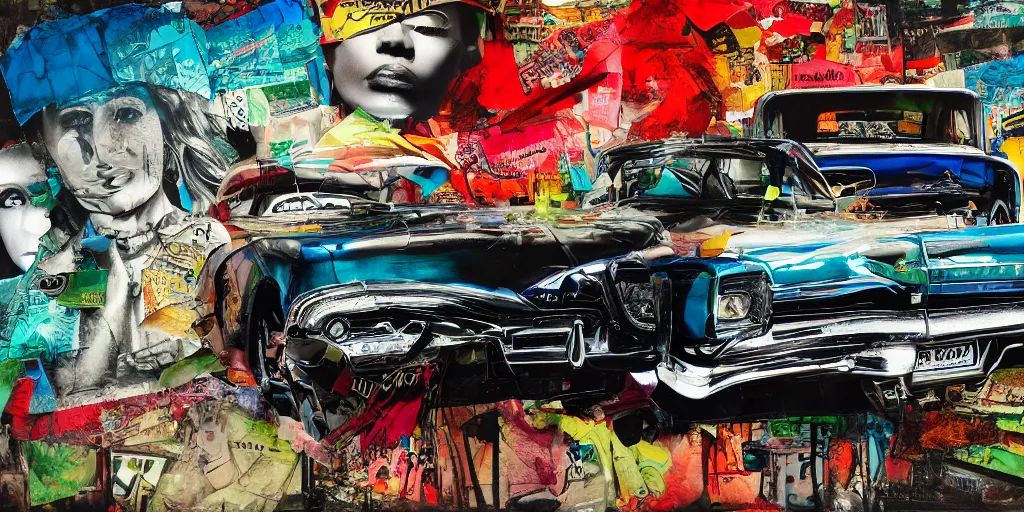 Prompt: lowrider, collage paper and tape, acrylic on canvas, hyperrealism mixed with expressionism, high resolution, cinematic, unreal 6 breathtaking detailed, by blake neubert