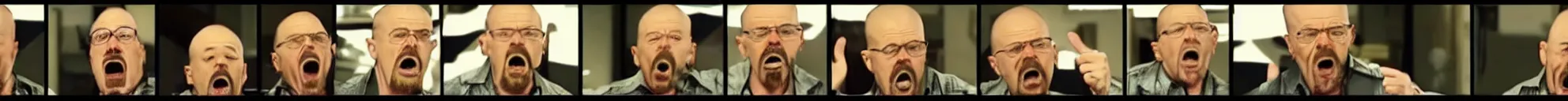 Prompt: 8 consistent frames from a video showing walter white yelling and pointing at a tv