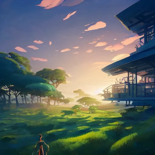 Image similar to generative green architecture, digital painting artstation, 2 d game fanart behance hd by jesper ejsing, by rhads, makoto shinkai and lois van baarle, ilya kuvshinov, rossdraws, dramatic sunset, global illumination, radiant light, detailed and intricate environment