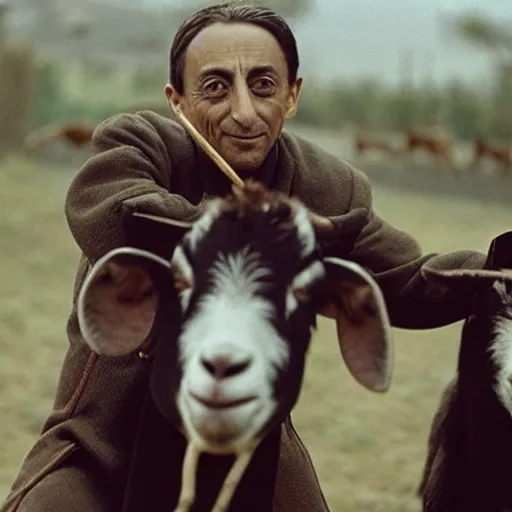 Prompt: eric zemmour as a goat keeper circa 1 9 6 0, katana, cine still, movie still, 8 k