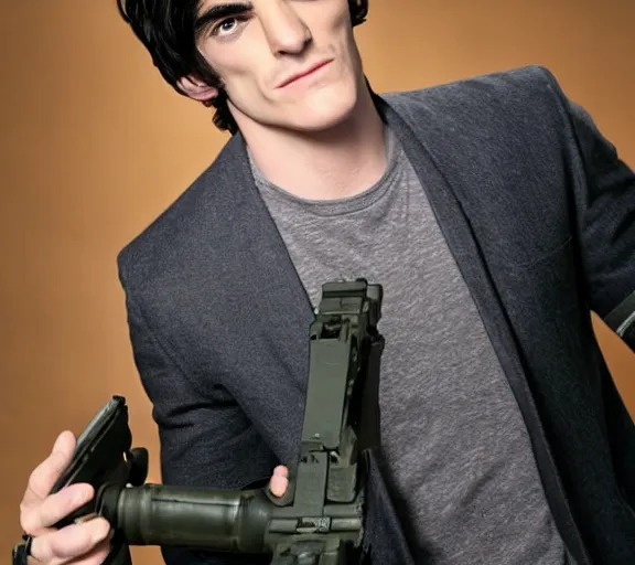 Image similar to rj mitte holding a granade, movie still, upper body shot, photorealistic, clean composition