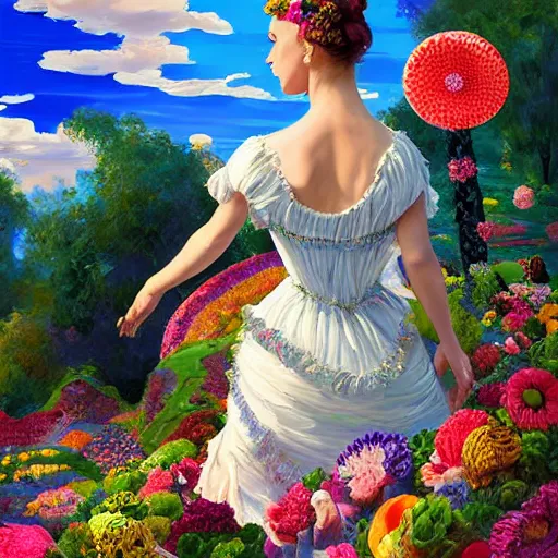 Image similar to portrait of a victorian woman, running up a hill of exotic flowers in the candyland, giant multicolored lollipops, and gumdrops, exotic plants in the shape of candies, from behind, Castle in distance, birds in the sky, sunlight and rays of light shining through trees, beautiful, solarpunk!!!, highly detailed, digital painting by Michael Garmash and Peter Mohrbacher