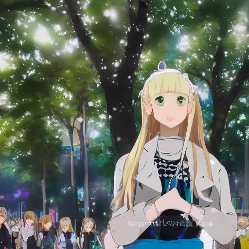 Image similar to blonde - haired princess, anime princess, wearing black jacket and white leggings, looking through crowd, town street, festival street, trees, green trees, blue lighting, blue sunshine, strong lighting, strong shadows, vivid hues, ultra - realistic, sharp details, subsurface scattering, intricate details, hd anime, 2 0 1 9 anime