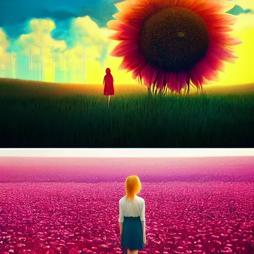 Image similar to giant daisy flower as head, full body girl walking in a flower field, surreal photography, sunrise, dramatic light, impressionist painting, colorful clouds, digital painting, artstation, simon stalenhag