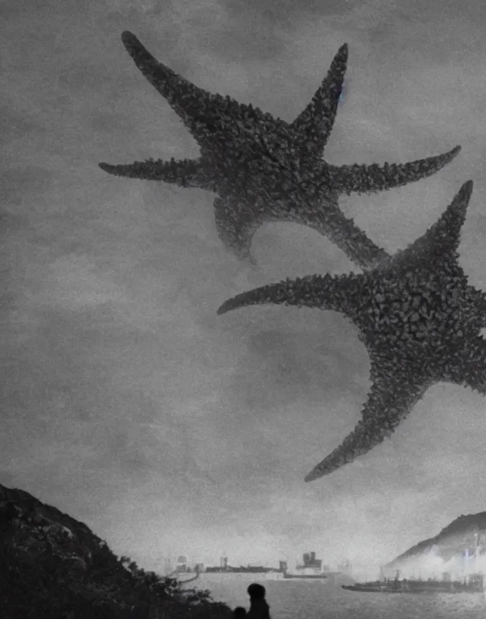 Image similar to a filmstill of a north korean monster movie, kaiju - eiga monster starfish - like trampling a traditional korean palace, foggy, film noir, video compression