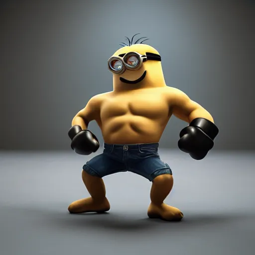 Image similar to A muscular strong Minion on a studio shot, artistic pose, artstation, behance, movie shot, photorealistic, ultra detailed, cinematic