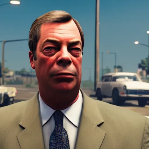 Image similar to nigel farage in gta 5, splash art, movie still, cinematic lighting, dramatic, octane render, long lens, shallow depth of field, bokeh, anamorphic lens flare, 8 k, hyper detailed, 3 5 mm film grain