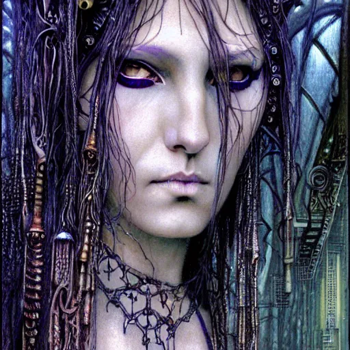 Image similar to a portrait of a female art nouveau cyberpunk shaman by ted nasmith and luis royo