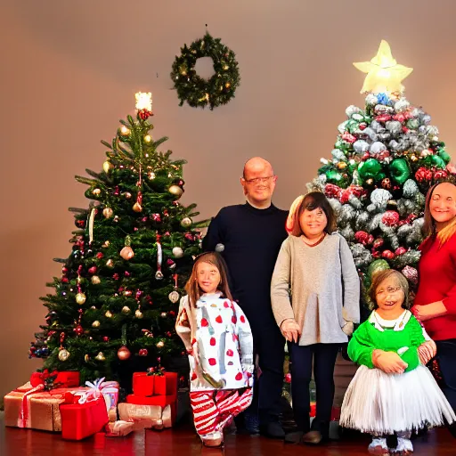 Prompt: christmas photo of yoda's family, standing in front of a christmas tree, DSLR 15mm