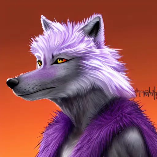 Prompt: An anthropomorphic purple wolf character with spiky white hair, furry fandom, digital painting, detailed