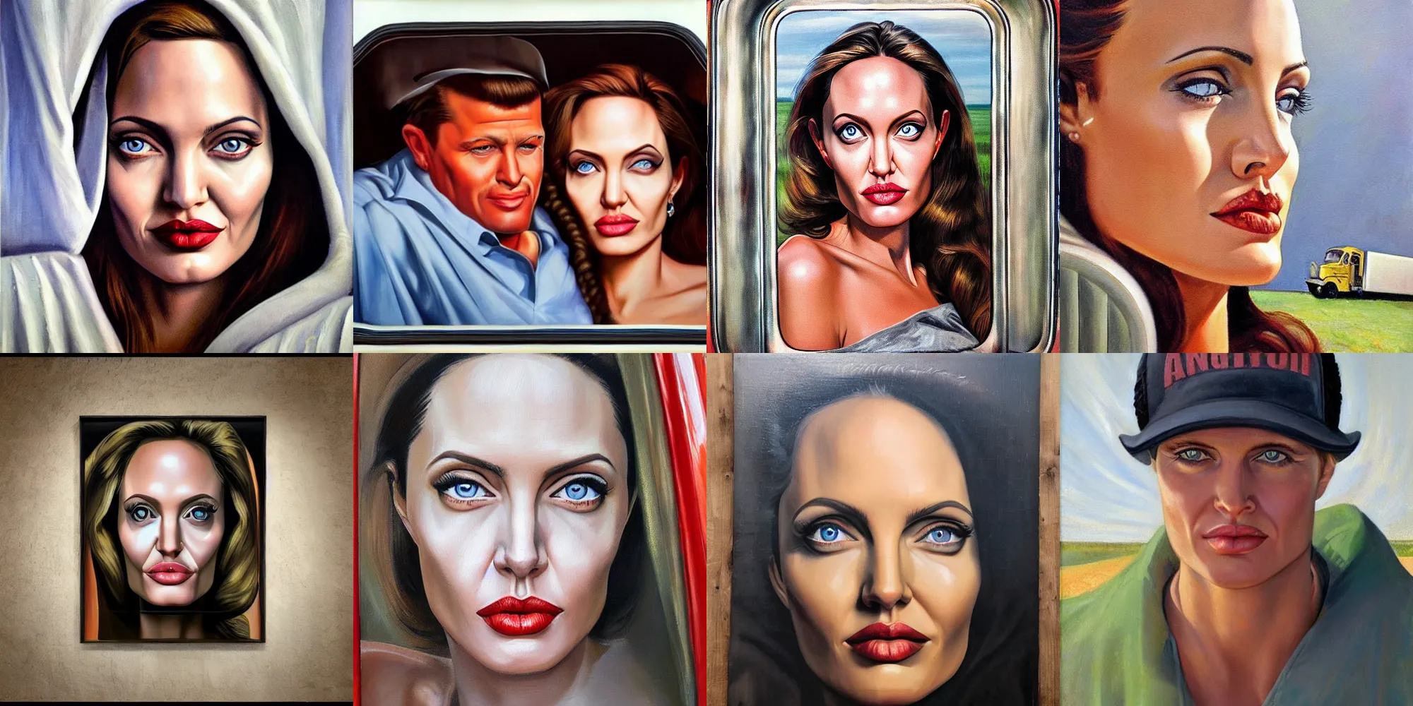Prompt: symmetrical oil painting half - length portrait angelina jolie trucker truck driver by percevel rockwell - from 1 9 4 0 s, symmetrical eyes posing in truck cabin