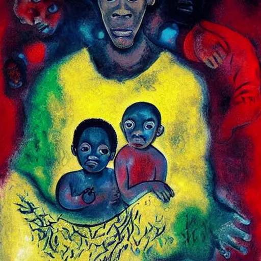 Prompt: The painting is a beautiful and powerful image that captures the feeling of the African-American experience. The colors are rich and vibrant, and the imagery is both striking and moving. The painting conveys a strong sense of pride and strength, and is a wonderful example of talent and vision. dark, cold, gold by Marcell Chagall, by Todd McFarlane, by Phil Foglio digital art