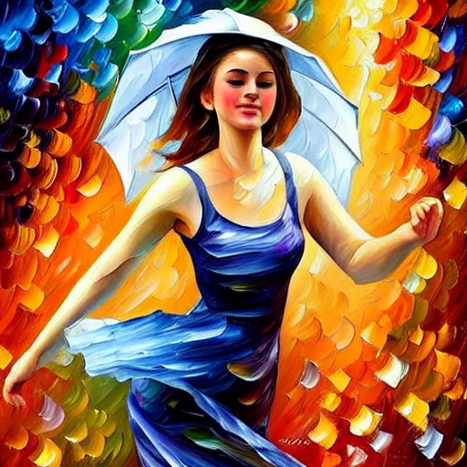 Prompt: highly detailed painting of a beautiful young woman, dancing in the rain, intricate, high quality oil painting artstyle, in the style of leonid afremov, deviantart, figurative art, deviantart, ilya kuvshinov, lovecraftian, very detailed face, portrait