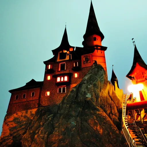 Prompt: dracula castle transylvania waterpark, night, lightning