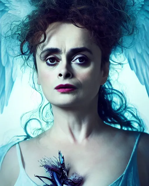 Prompt: Full potrait of Helena Bonham Carter as an angel, hyper realistic, prismatic highlights, atmosphere, gorgeous, depth of field, cinematic, macro, concept art, 50mm, artstation, wlop, elegant, epic, weta digital, focus, octane render, v-ray, 8k, kodak portra, art by Liberatore