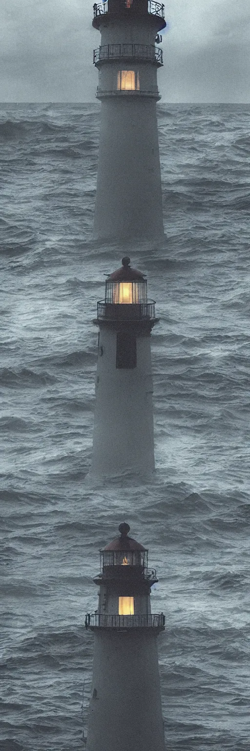 Image similar to lighthouse in the middle of the ocean, covered in silent hill style sigils, horror, person standing with a lantern centered in the foreground, spooky, scary